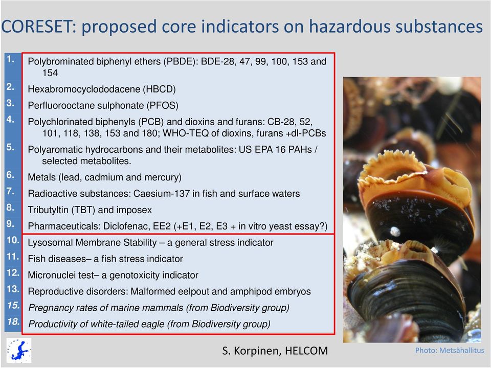 Polyaromatic hydrocarbons and their metabolites: US EPA 16 PAHs / selected metabolites. 6. Metals (lead, cadmium and mercury) 7. Radioactive substances: Caesium-137 in fish and surface waters 8.