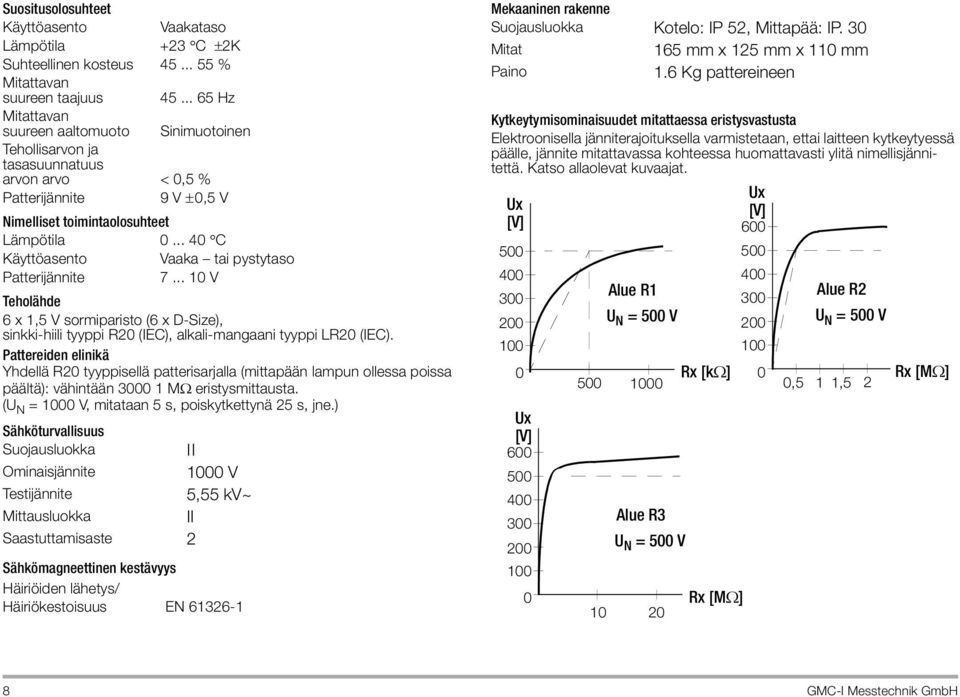 .. 40 C Käyttöasento Vaaka tai pystytaso Patterijännite 7... 10 V Teholähde 6 x 1,5 V sormiparisto (6 x D-Size), sinkki-hiili tyyppi R20 (IEC), alkali-mangaani tyyppi LR20 (IEC).