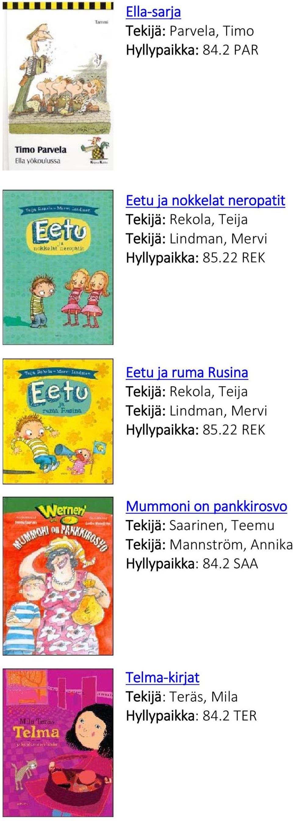 22 REK Eetu ja ruma Rusina Tekijä: Rekola, Teija Tekijä: Lindman, Mervi Hyllypaikka: 85.