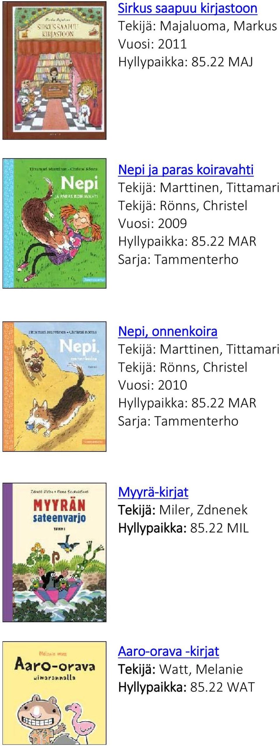 22 MAR Sarja: Tammenterho Nepi, onnenkoira Tekijä: Marttinen, Tittamari Tekijä: Rönns, Christel Vuosi: 2010