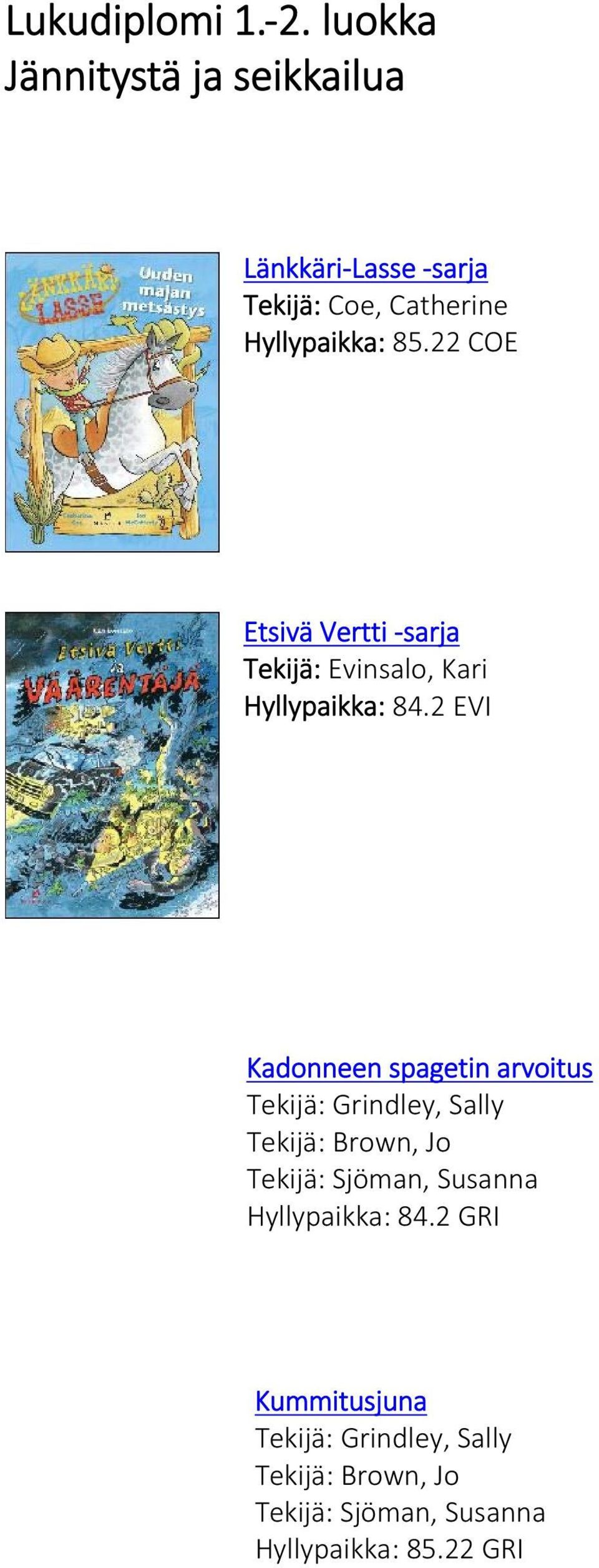 22 COE Etsivä Vertti -sarja Tekijä: Evinsalo, Kari Hyllypaikka: 84.