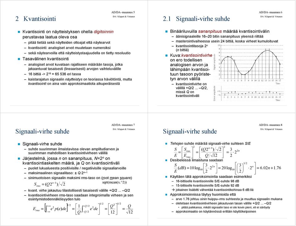 arvot muutetaan numeroiksi sekä näytearvoilla että näytteistystaajuudella on tietty resoluutio Tasavälinen kvantisointi analogiset arvot kuvataan rajalliseen määrään tasoja, jotka jakaantuvat