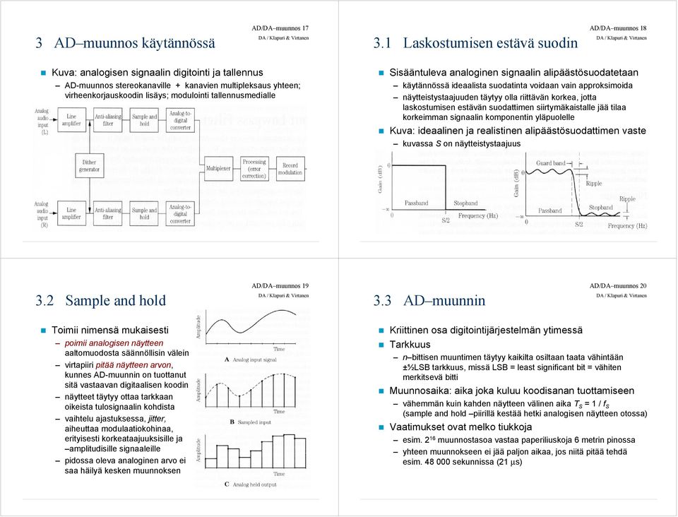 tallennusmedialle Sisääntuleva analoginen signaalin alipäästösuodatetaan käytännössä ideaalista suodatinta voidaan vain approksimoida näytteistystaajuuden täytyy olla riittävän korkea, jotta