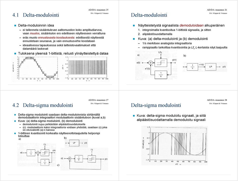 datamäärä laskevat Tuloksena yleensä 1-bittistä, reilusti ylinäytteistettyä dataa Näytteistetystä signaalista demoduloidaan alkuperäinen 1. integroimalla kvantisoitua 1-bittistä signaalia, ja sitten.