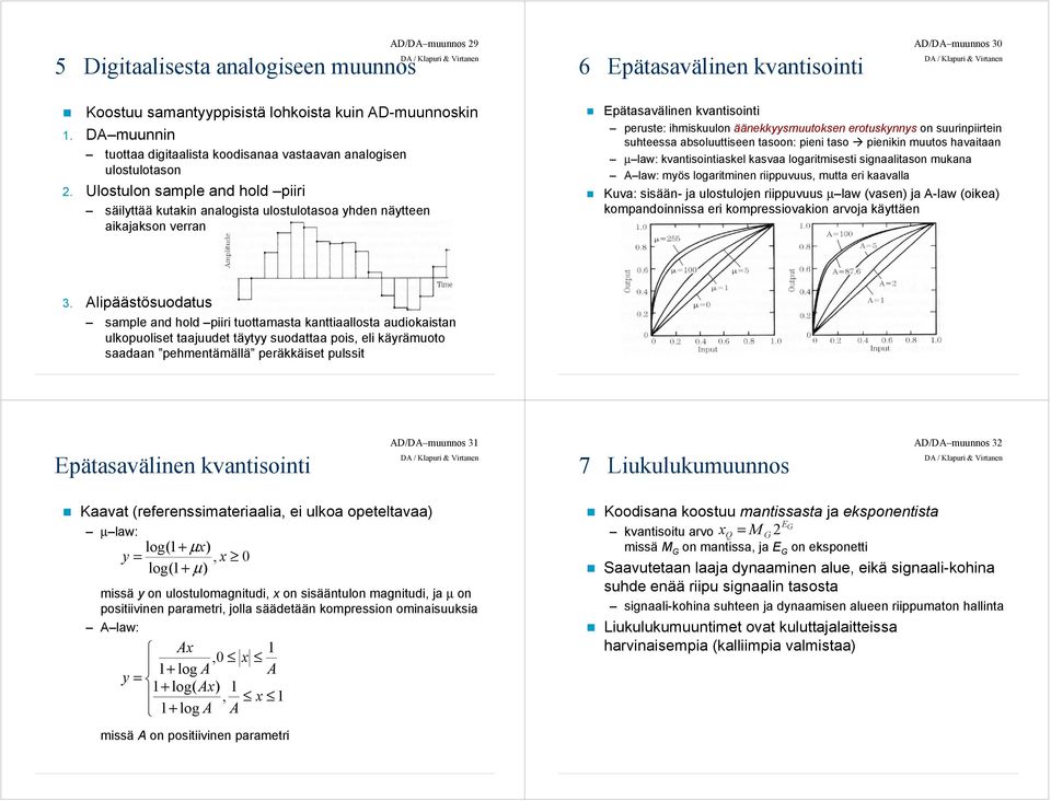 Ulostulon sample and hold piiri säilyttää kutakin analogista ulostulotasoa yhden näytteen aikajakson verran Epätasavälinen kvantisointi peruste: ihmiskuulon äänekkyysmuutoksen erotuskynnys on