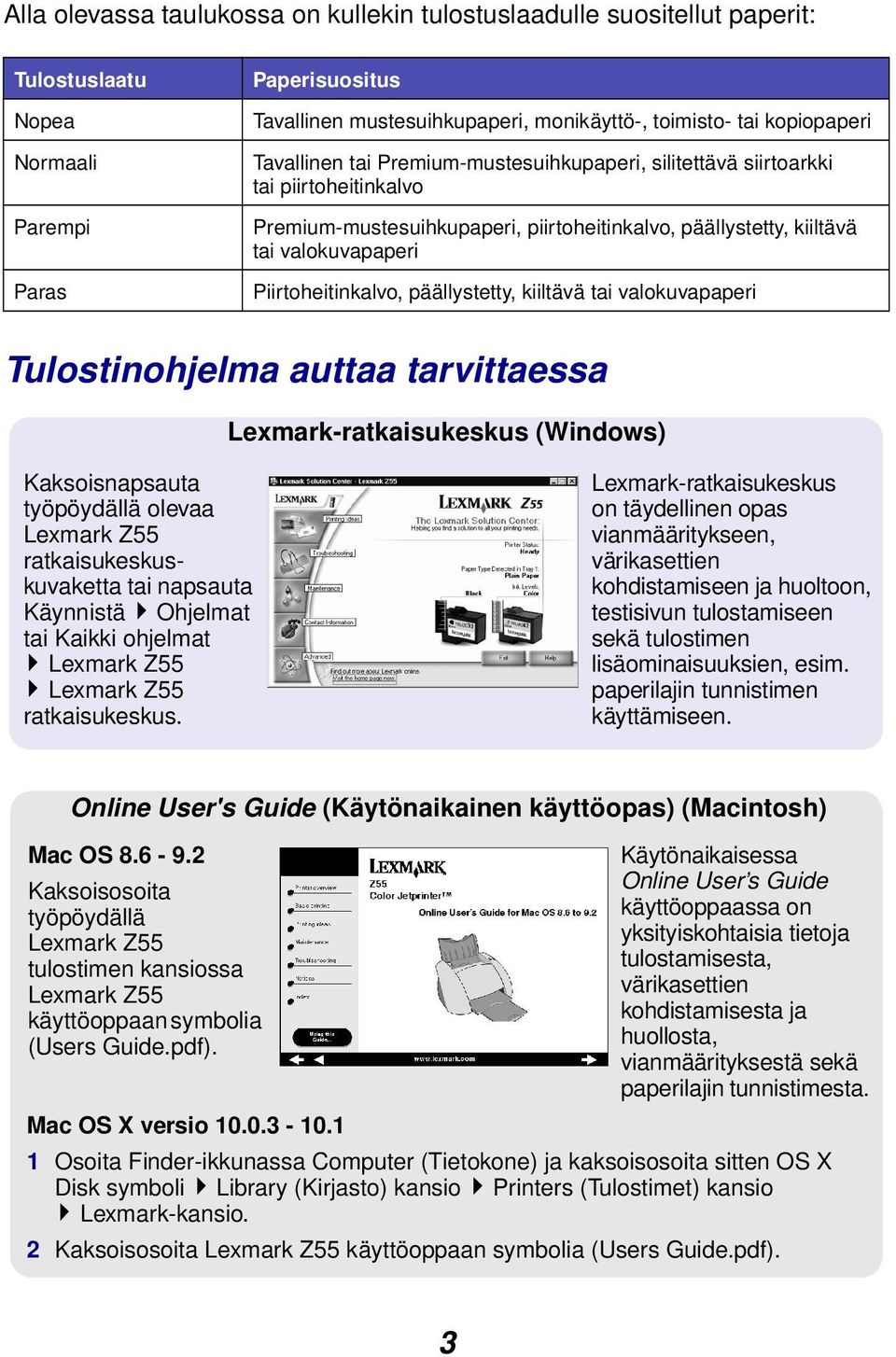 Piirtoheitinkalvo, päällystetty, kiiltävä tai valokuvapaperi Tulostinohjelma auttaa tarvittaessa Lexmark-ratkaisukeskus (Windows) Kaksoisnapsauta työpöydällä olevaa Lexmark Z55