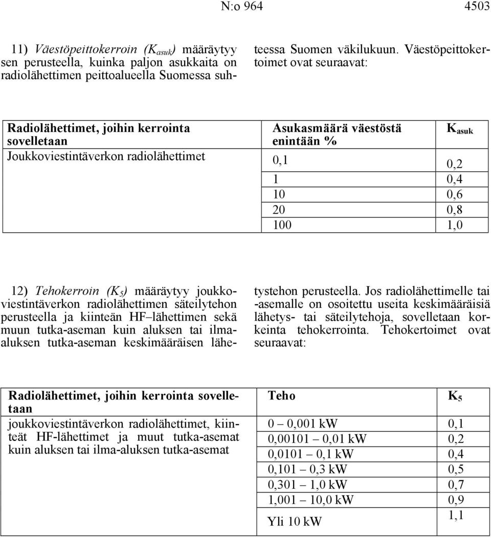 12) Tehokerroin (K ) 5 määräytyy joukkoviestintäverkon radiolähettimen säteilytehon perusteella ja kiinteän HF lähettimen sekä muun tutka-aseman kuin aluksen tai ilmaaluksen tutka-aseman