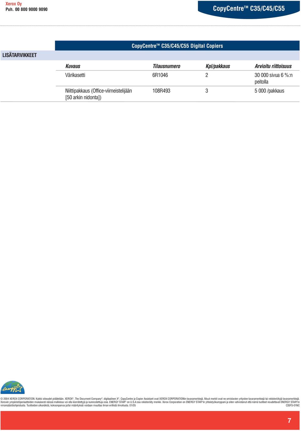 3 5 000 /pakkaus 2004 XEROX CORPORATION. Kaikki oikeudet pidätetään. XEROX, The Document Company, digitaalinen X, CopyCentre ja Copier Assistant ovat XEROX CORPORATIONin tavaramerkkejä.