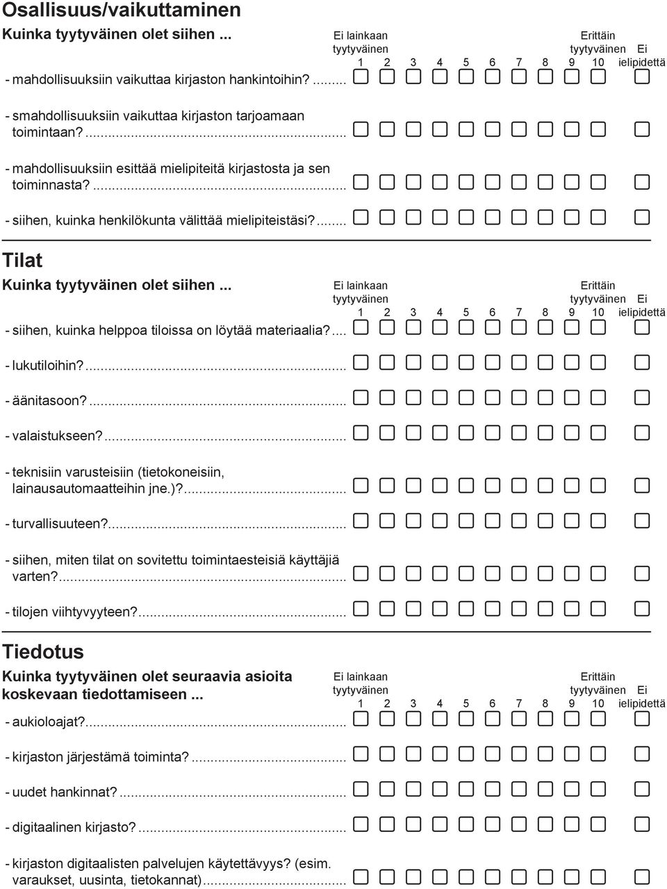 .. - siihen, kuinka helppoa tiloissa on löytää materiaalia?... Ei - lukutiloihin?... - äänitasoon?... - valaistukseen?... - teknisiin varusteisiin (tietokoneisiin, lainausautomaatteihin jne.)?