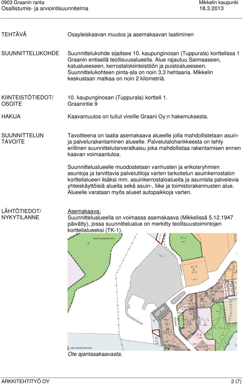 KIINTEISTÖTIEDOT/ OSOITE HAKIJA 10. kaupunginosan (Tuppurala) kortteli 1. Graanintie 9 Kaavamuutos on tullut vireille Graani Oy:n hakemuksesta.