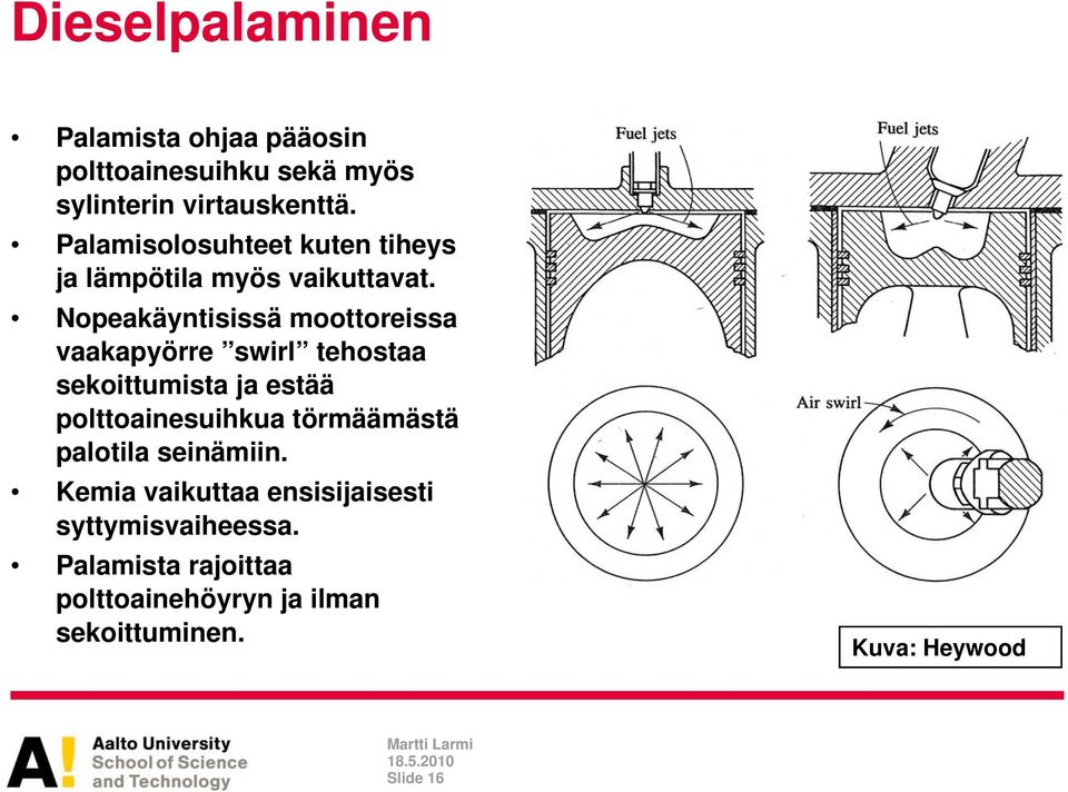 Nopeakäyntisissä moottoreissa vaakapyörre swirl tehostaa sekoittumista i t ja estää polttoainesuihkua