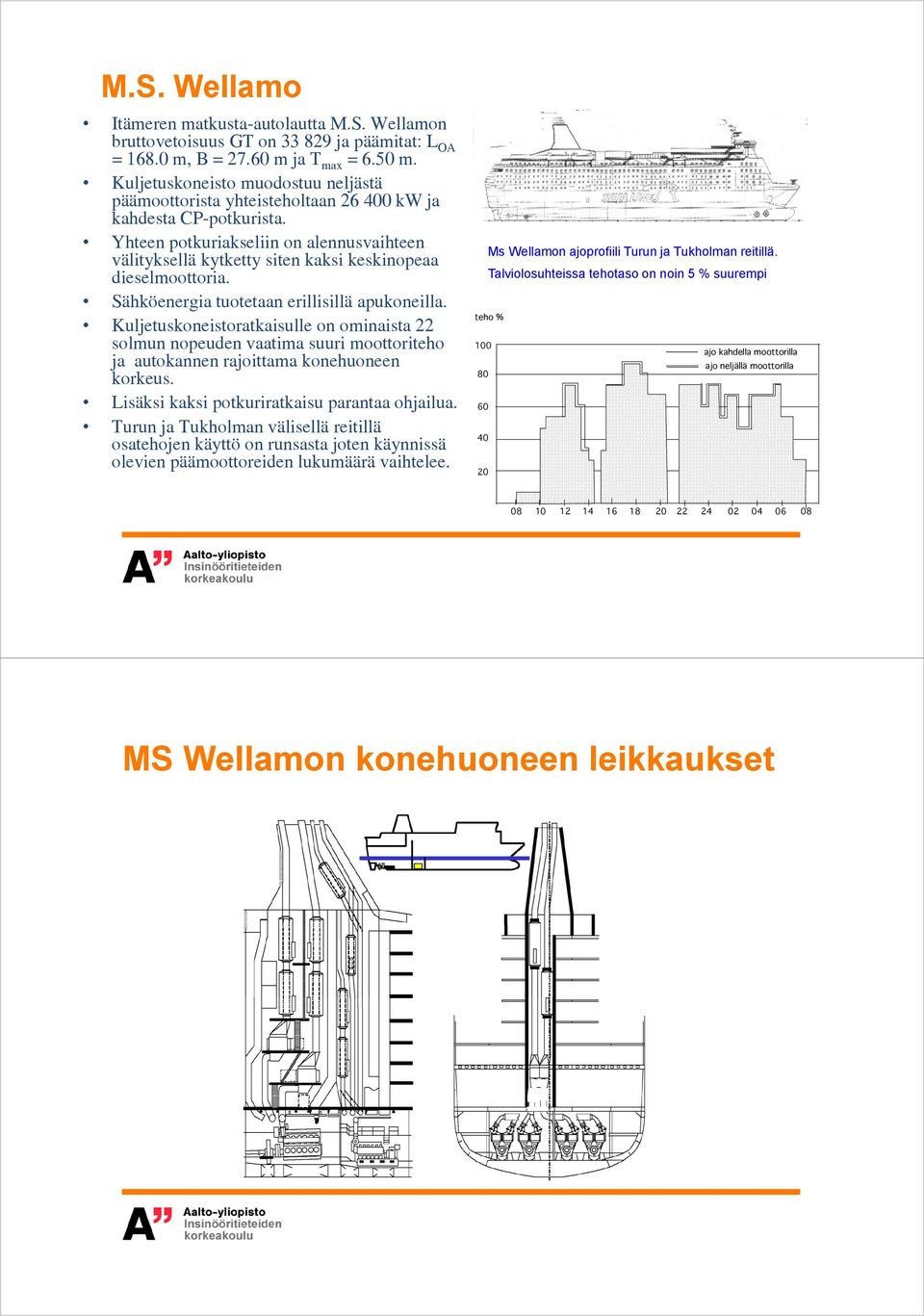 Yhteen potkuriakseliin on alennusvaihteen välityksellä kytketty siten kaksi keskinopeaa dieselmoottoria. Sähköenergia tuotetaan erillisillä apukoneilla.