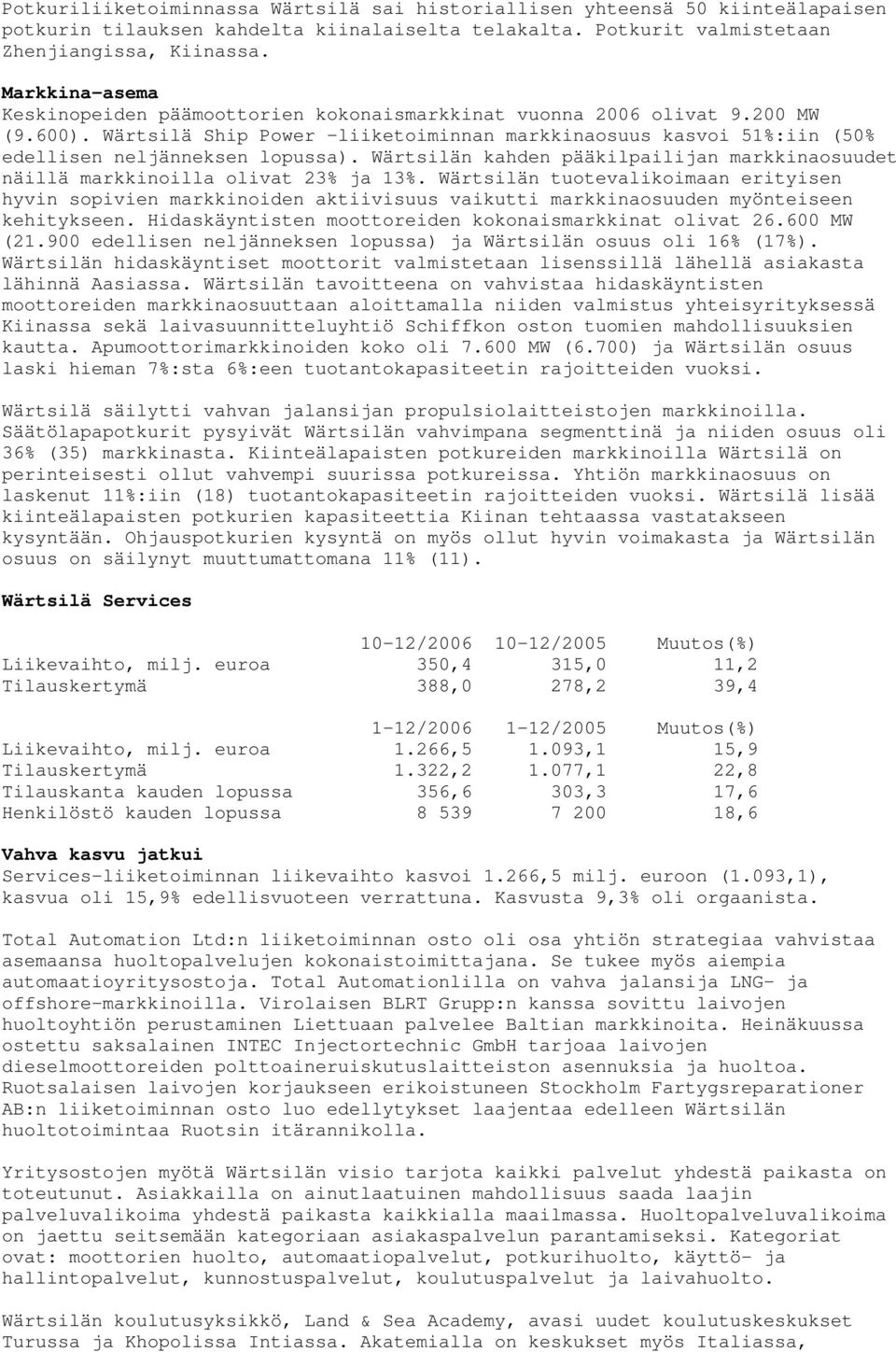 Wärtsilän kahden pääkilpailijan markkinaosuudet näillä markkinoilla olivat 23% ja 13%.