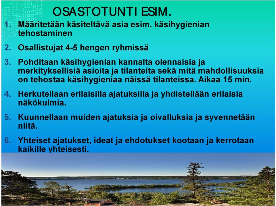 käsihygieniaa näissä tilanteissa. Aikaa 15 min. 4. Herkutellaan erilaisilla ajatuksilla ja yhdistellään erilaisia näkökulmia. 5.