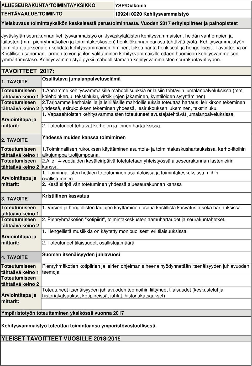 pienryhmäkotien ja toimintakeskusten) henkilökunnan parissa tehtävää työtä. Kehitysvammaistyön toiminta-ajatuksena on kohdata kehitysvammainen ihminen, tukea häntä henkisesti ja hengellisesti.