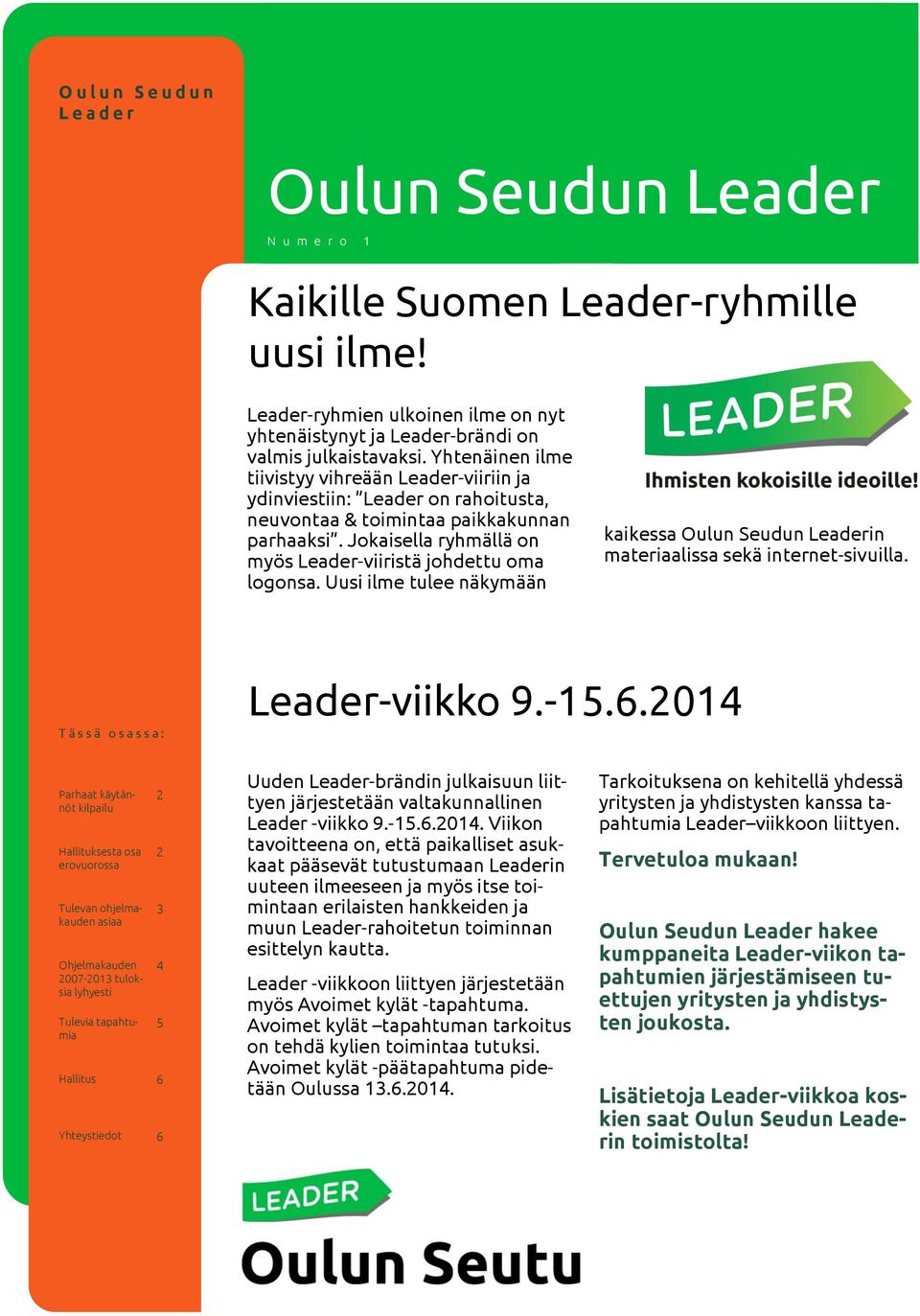 Yhtenäinen ilme tiivistyy vihreään Leader-viiriin ja ydinviestiin: Leader on rahoitusta, neuvontaa & toimintaa paikkakunnan parhaaksi. Jokaisella ryhmällä on myös Leader-viiristä johdettu oma logonsa.