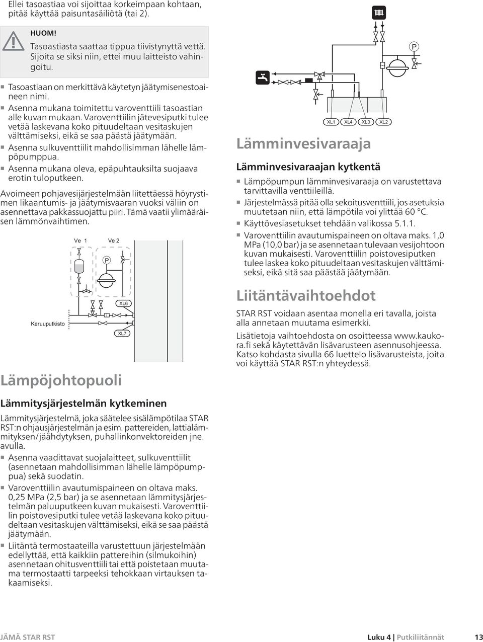 Varoventtiilin jätevesiputki tulee vetää laskevana koko pituudeltaan vesitaskujen välttämiseksi, eikä se saa päästä jäätymään. Asenna sulkuventtiilit mahdollisimman lähelle lämpöpumppua.