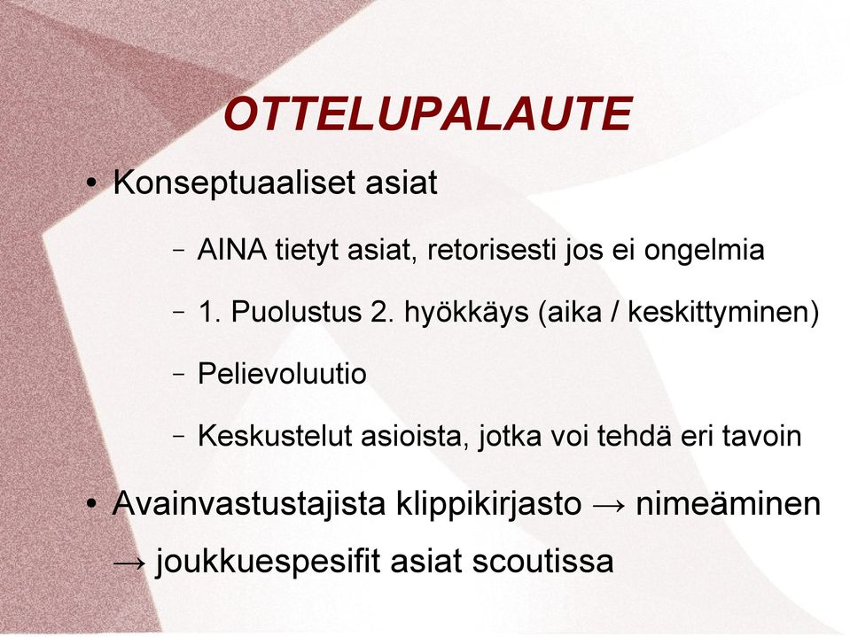 hyökkäys (aika / keskittyminen) Pelievoluutio Keskustelut asioista,