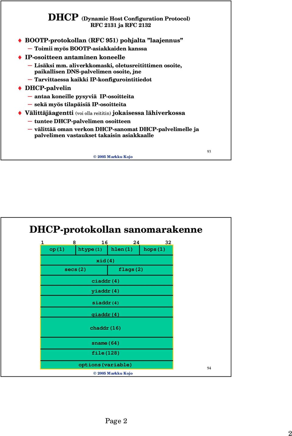 isiä IP-osoitteita Välittäjäagentti agentti (voi olla reititin) tuntee DHCP-palvelimen osoitteen välittää oman verkon DHCP-sanomat reititin) jokaisessa lähiverkossal sanomat DHCP-palvelimelle ja