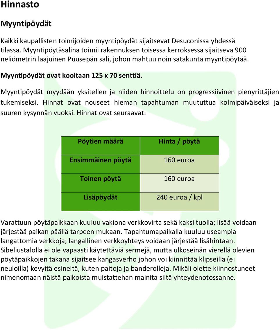 Myyntipöydät myydään yksitellen ja niiden hinnoittelu on progressiivinen pienyrittäjien tukemiseksi. Hinnat ovat nouseet hieman tapahtuman muututtua kolmipäiväiseksi ja suuren kysynnän vuoksi.