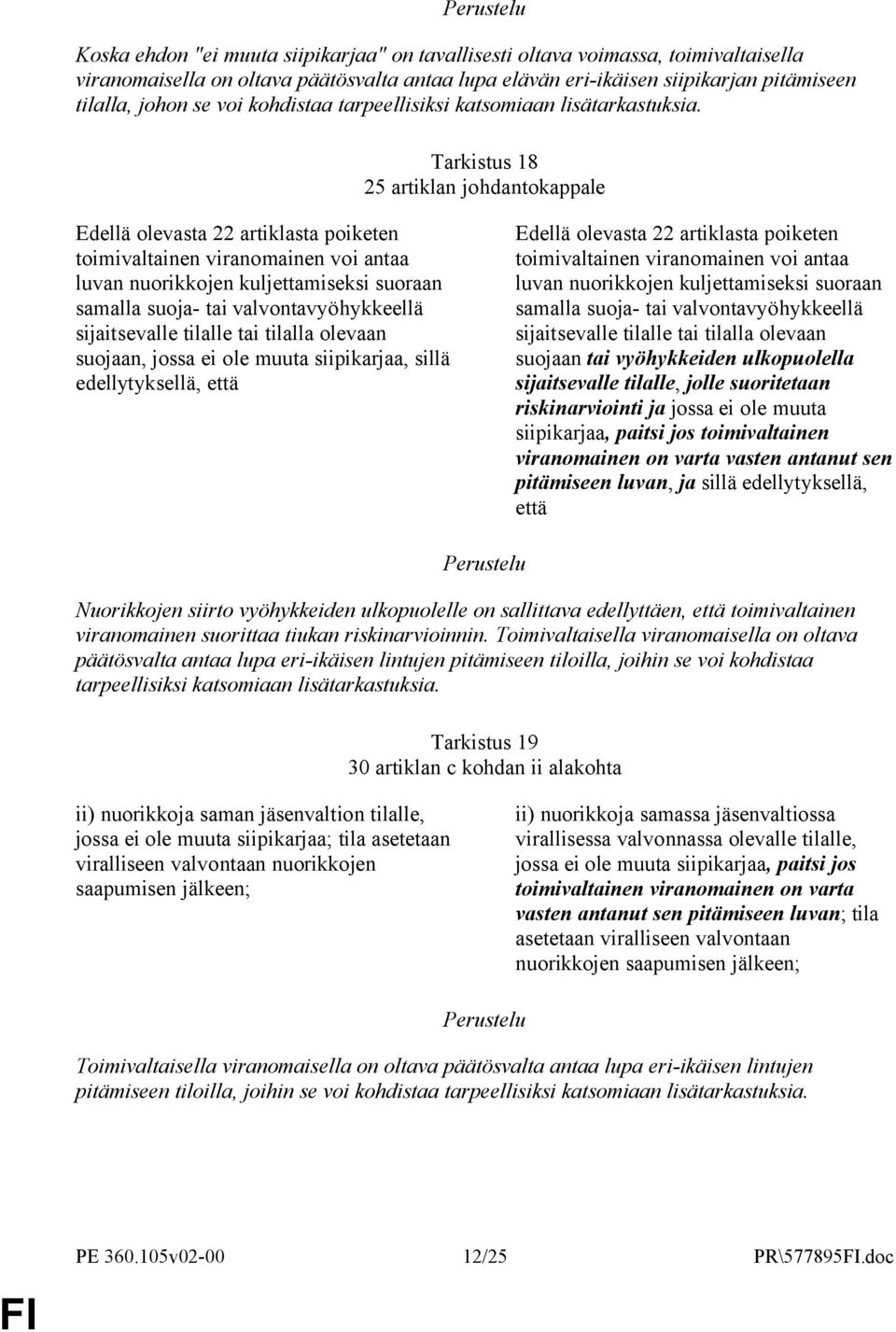 Tarkistus 18 25 artiklan johdantokappale Edellä olevasta 22 artiklasta poiketen toimivaltainen viranomainen voi antaa luvan nuorikkojen kuljettamiseksi suoraan samalla suoja- tai valvontavyöhykkeellä