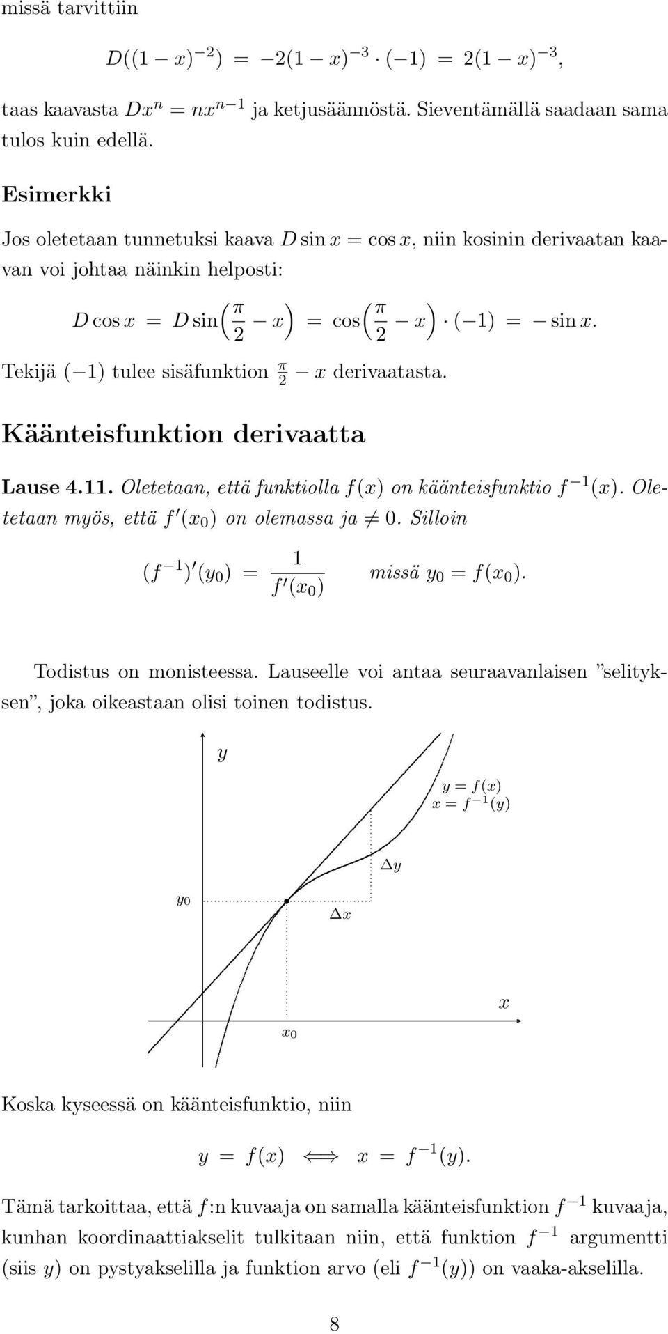 käänteisfunktio f () Oletetaan mös, että f ( 0 ) on olemassa ja 0 Silloin (f ) ( 0 ) f ( 0 ) missä 0 f( 0 ) Todistus on monisteessa Lauseelle voi antaa seuraavanlaisen selitksen, joka oikeastaan