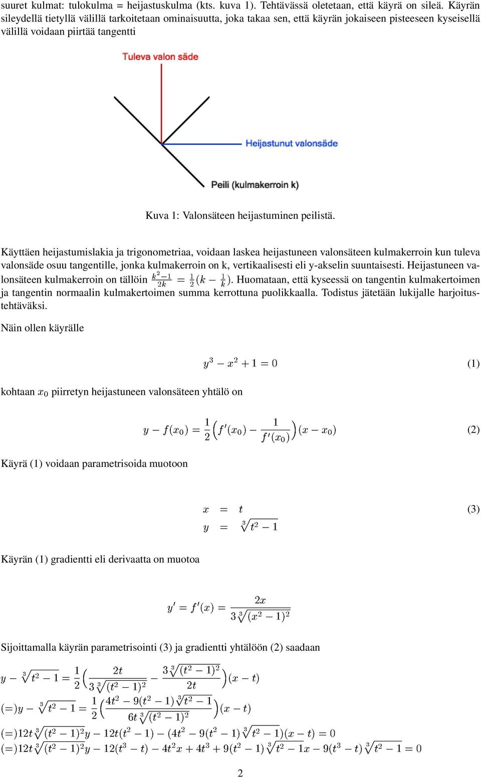 Käyttäen heijastumislakia ja trigonometriaa, voidaan laskea heijastuneen valonsäteen kulmakerroin kun tuleva valonsäde osuu tangentille, jonka kulmakerroin on k, vertikaalisesti eli y-akselin