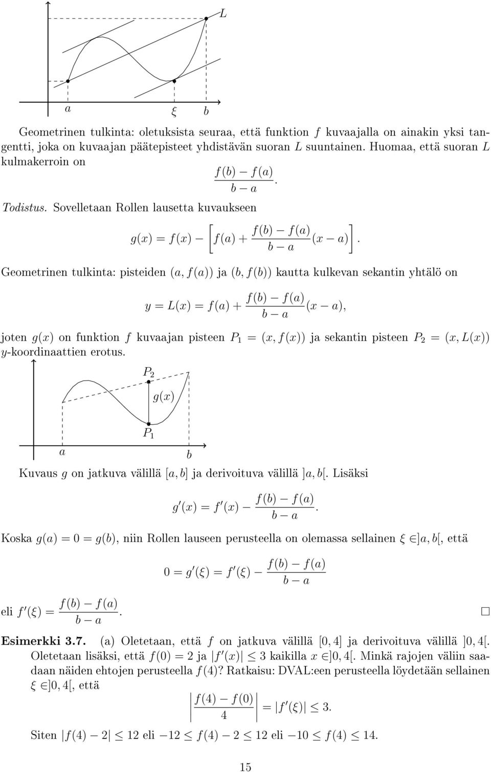 b a Geometrinen tulkinta: pisteien (a, f(a)) ja (b, f(b)) kautta kulkevan sekantin ytälö on y = L(x) = f(a) + f(b) f(a) (x a), b a joten g(x) on funktion f kuvaajan pisteen P = (x, f(x)) ja sekantin