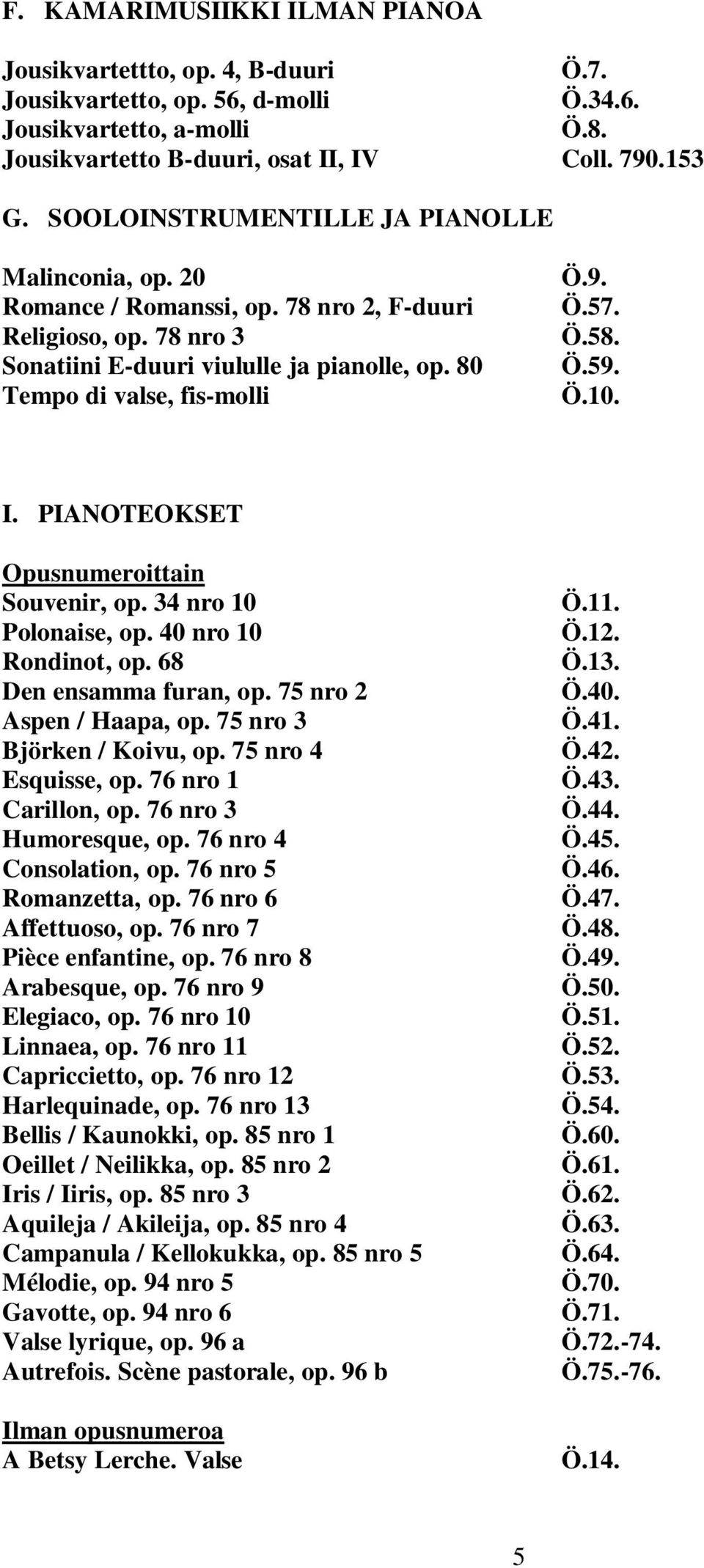 Ö.58. Ö.59. Ö.10. I. PIANOTEOKSET Opusnumeroittain Souvenir, op. 34 nro 10 Polonaise, op. 40 nro 10 Rondinot, op. 68 Den ensamma furan, op. 75 nro 2 Aspen / Haapa, op. 75 nro 3 Björken / Koivu, op.