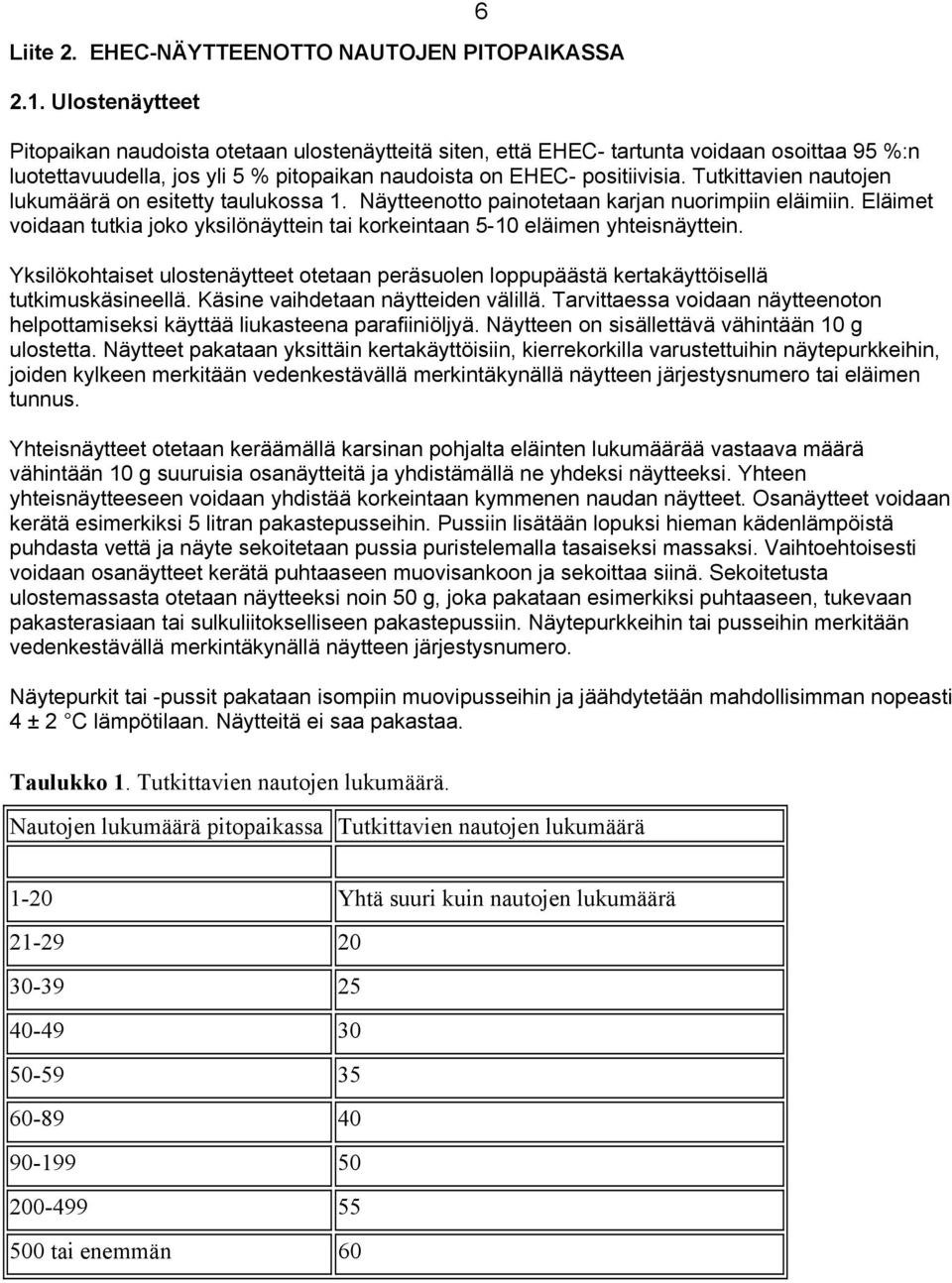 Tutkittavien nautojen lukumäärä on esitetty taulukossa 1. Näytteenotto painotetaan karjan nuorimpiin eläimiin. Eläimet voidaan tutkia joko yksilönäyttein tai korkeintaan 5-10 eläimen yhteisnäyttein.