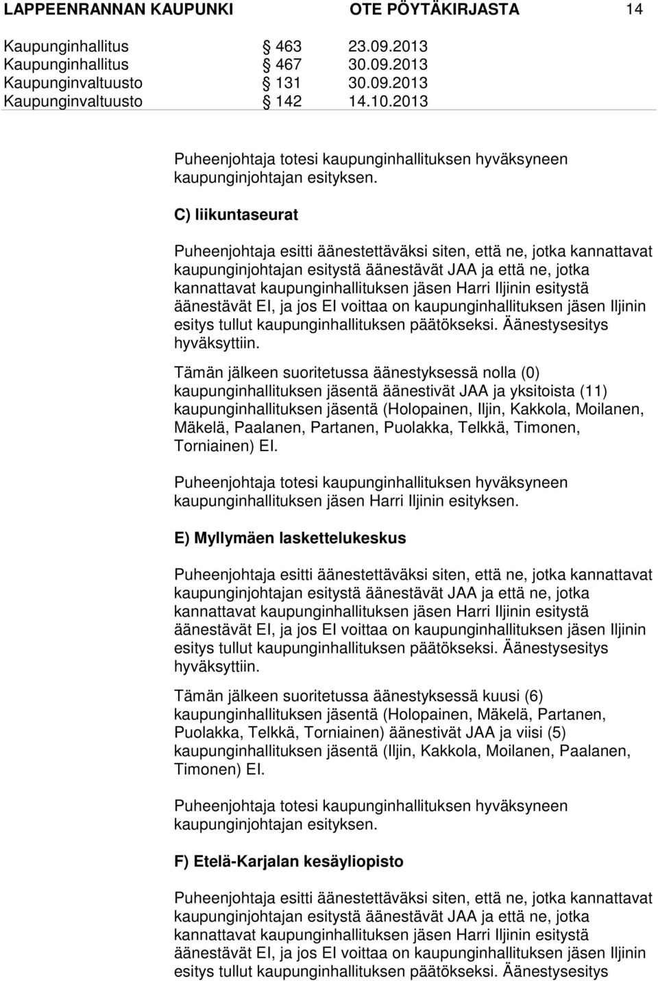 Iljinin esitystä äänestävät EI, ja jos EI voittaa on kaupunginhallituksen jäsen Iljinin esitys tullut kaupunginhallituksen päätökseksi. Äänestysesitys hyväksyttiin.