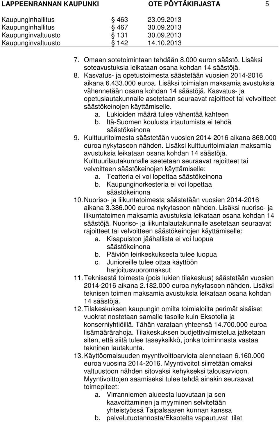 a. Lukioiden määrä tulee vähentää kahteen b. Itä-Suomen koulusta irtautumista ei tehdä säästökeinona 9. Kulttuuritoimesta säästetään vuosien 2014-2016 aikana 868.000 euroa nykytasoon nähden.