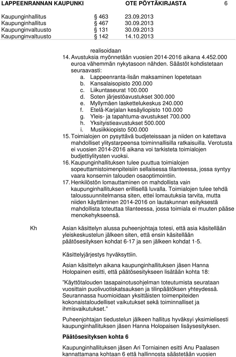 Etelä-Karjalan kesäyliopisto 100.000 g. Yleis- ja tapahtuma-avustukset 700.000 h. Yksityistieavustukset 500.000 i. Musiikkiopisto 500.000 15.