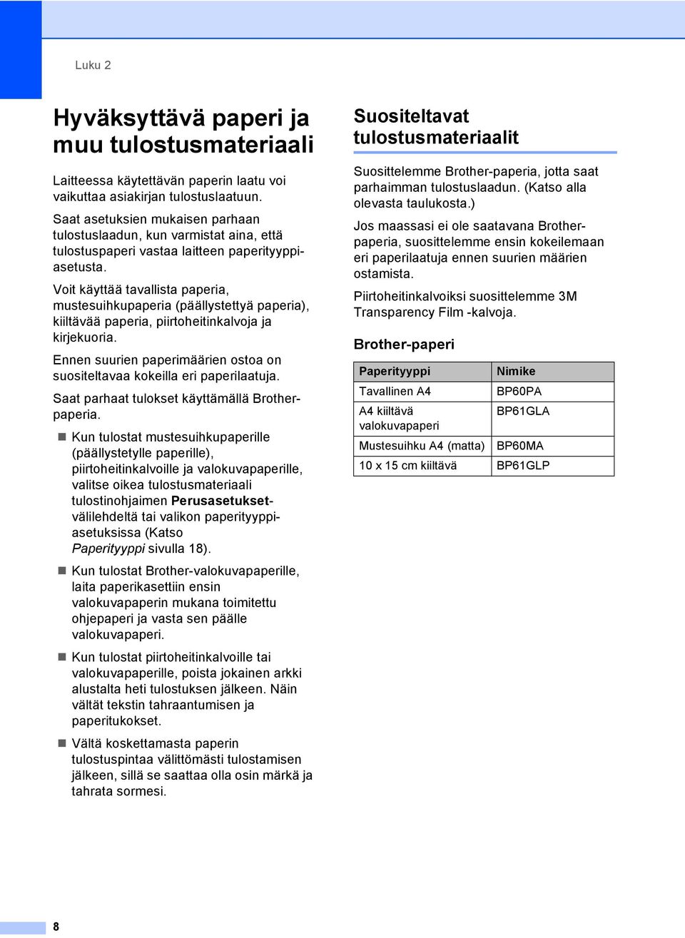 Voit käyttää tavallista paperia, mustesuihkupaperia (päällystettyä paperia), kiiltävää paperia, piirtoheitinkalvoja ja kirjekuoria.
