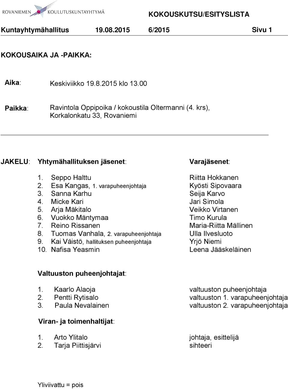 Micke Kari Jari Simola 5. Arja Mäkitalo Veikko Virtanen 6. Vuokko Mäntymaa Timo Kurula 7. Reino Rissanen Maria-Riitta Mällinen 8. Tuomas Vanhala, 2. varapuheenjohtaja Ulla Ilvesluoto 9.