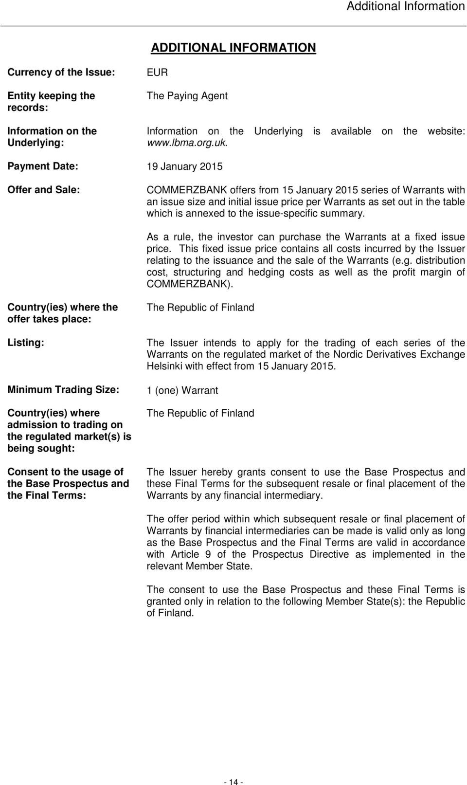 Payment Date: 19 January 2015 Offer and Sale: COMMERZBANK offers from 15 January 2015 series of Warrants with an issue size and initial issue price per Warrants as set out in the table which is