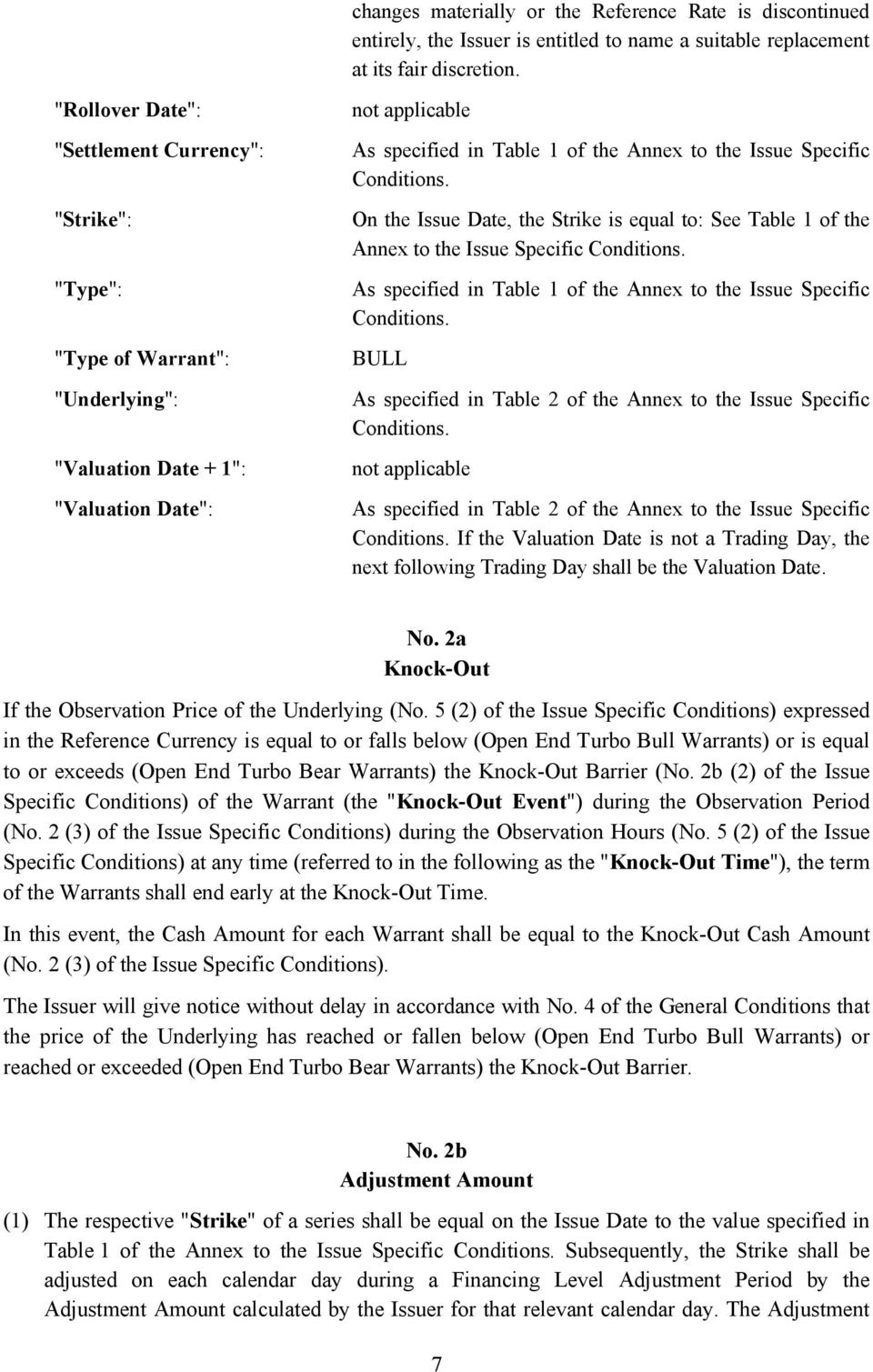 Specific Conditions. On the Issue Date, the Strike is equal to: See Table 1 of the Annex to the Issue Specific Conditions. As specified in Table 1 of the Annex to the Issue Specific Conditions.