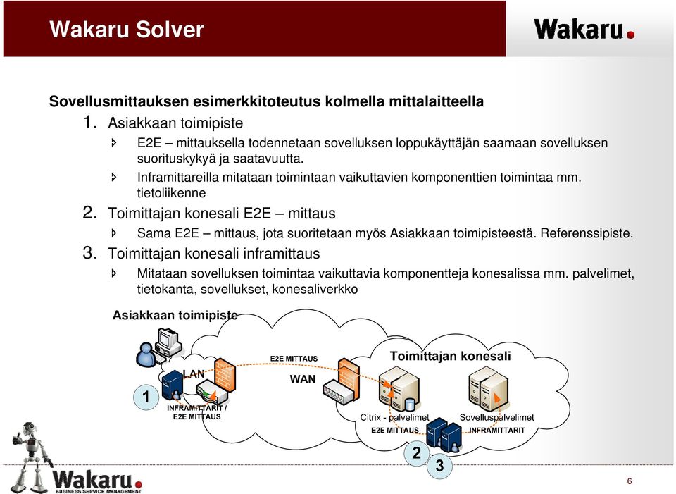 Inframittareilla mitataan toimintaan vaikuttavien komponenttien toimintaa mm. tietoliikennet 2. Toimittajan konesali E2E mittaus 3.