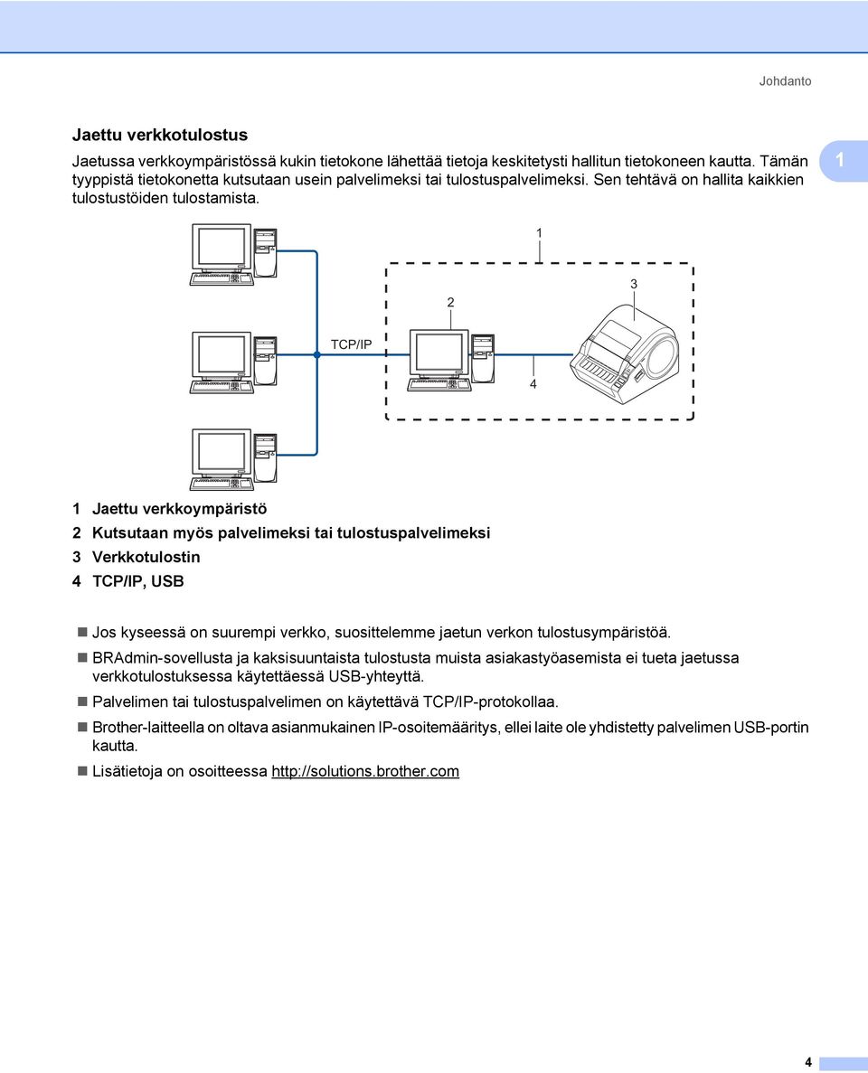 1 1 2 3 TCP/IP 4 1 Jaettu verkkoympäristö 2 Kutsutaan myös palvelimeksi tai tulostuspalvelimeksi 3 Verkkotulostin 4 TCP/IP, USB Jos kyseessä on suurempi verkko, suosittelemme jaetun verkon