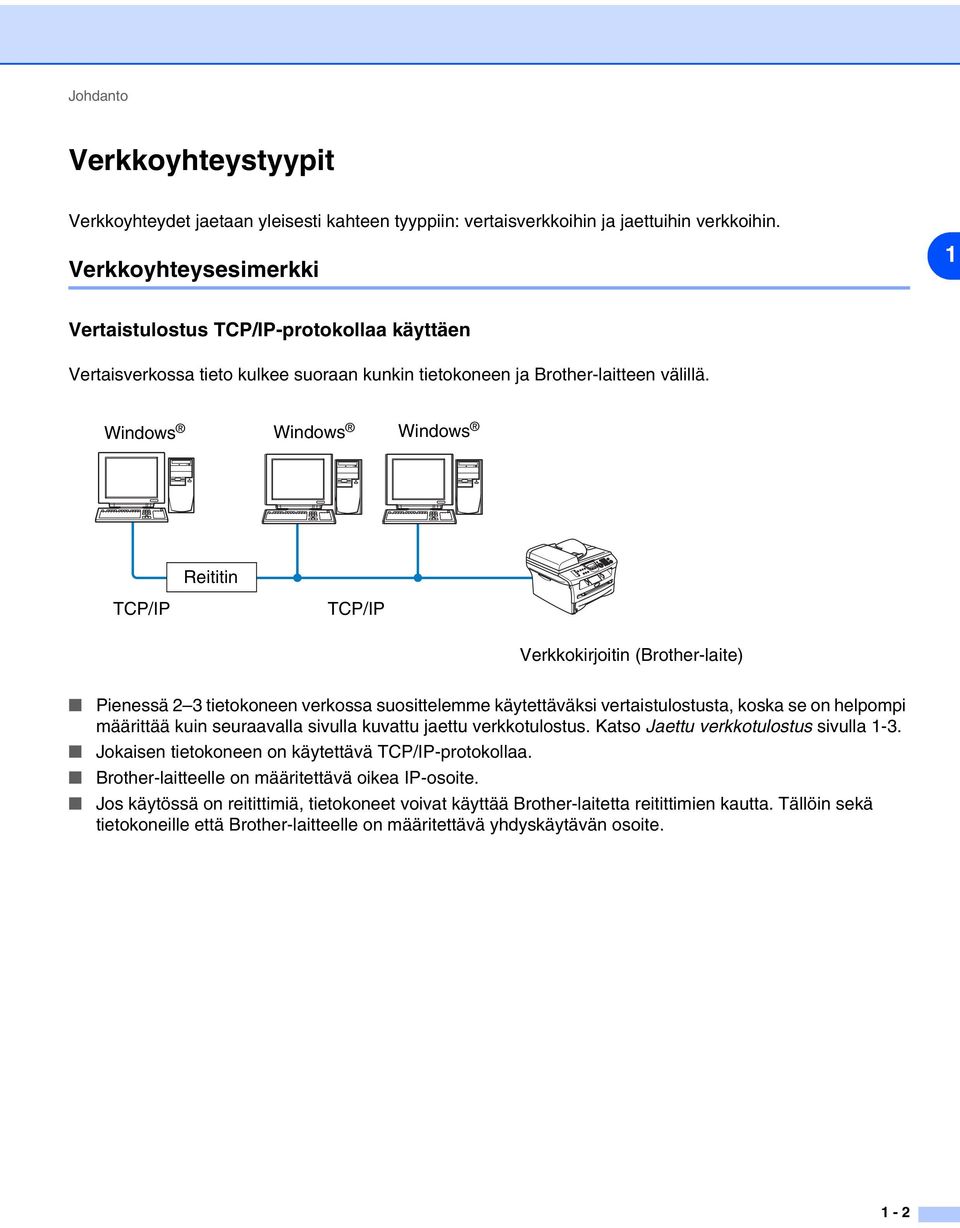 Windows Windows Windows Reititin TCP/IP TCP/IP Verkkokirjoitin (Brother-laite) Pienessä 2 3 tietokoneen verkossa suosittelemme käytettäväksi vertaistulostusta, koska se on helpompi määrittää kuin