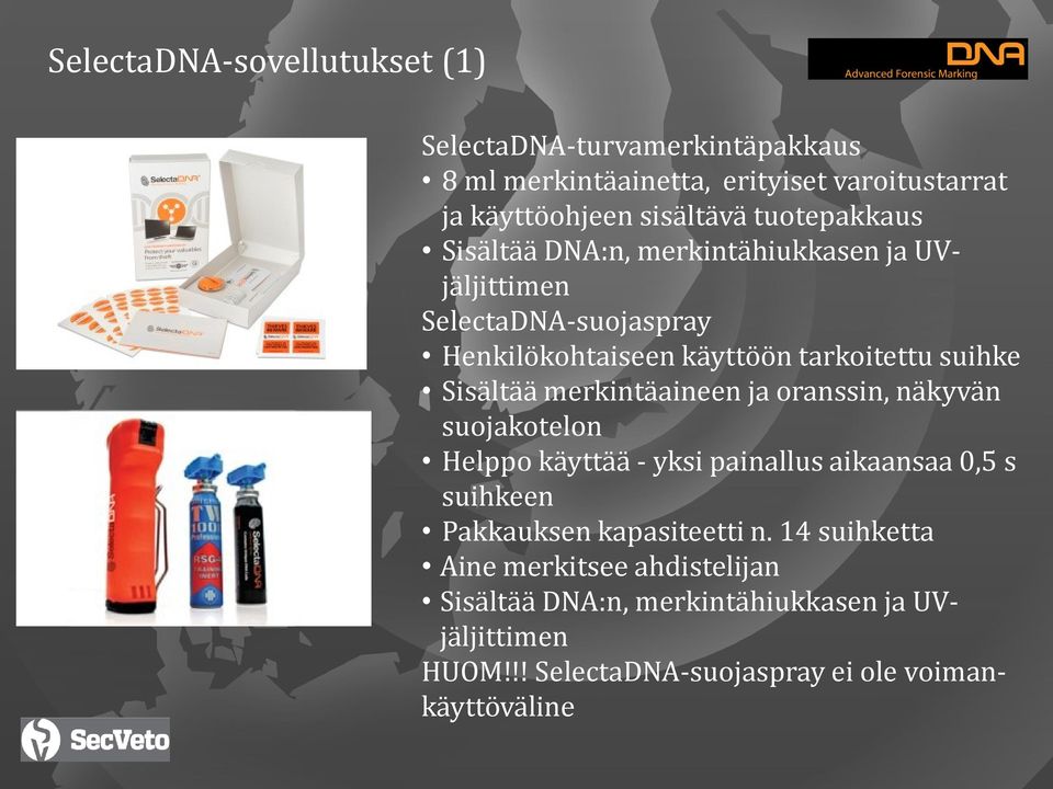 Sisältää merkintäaineen ja oranssin, näkyvän suojakotelon Helppo käyttää - yksi painallus aikaansaa 0,5 s suihkeen Pakkauksen kapasiteetti