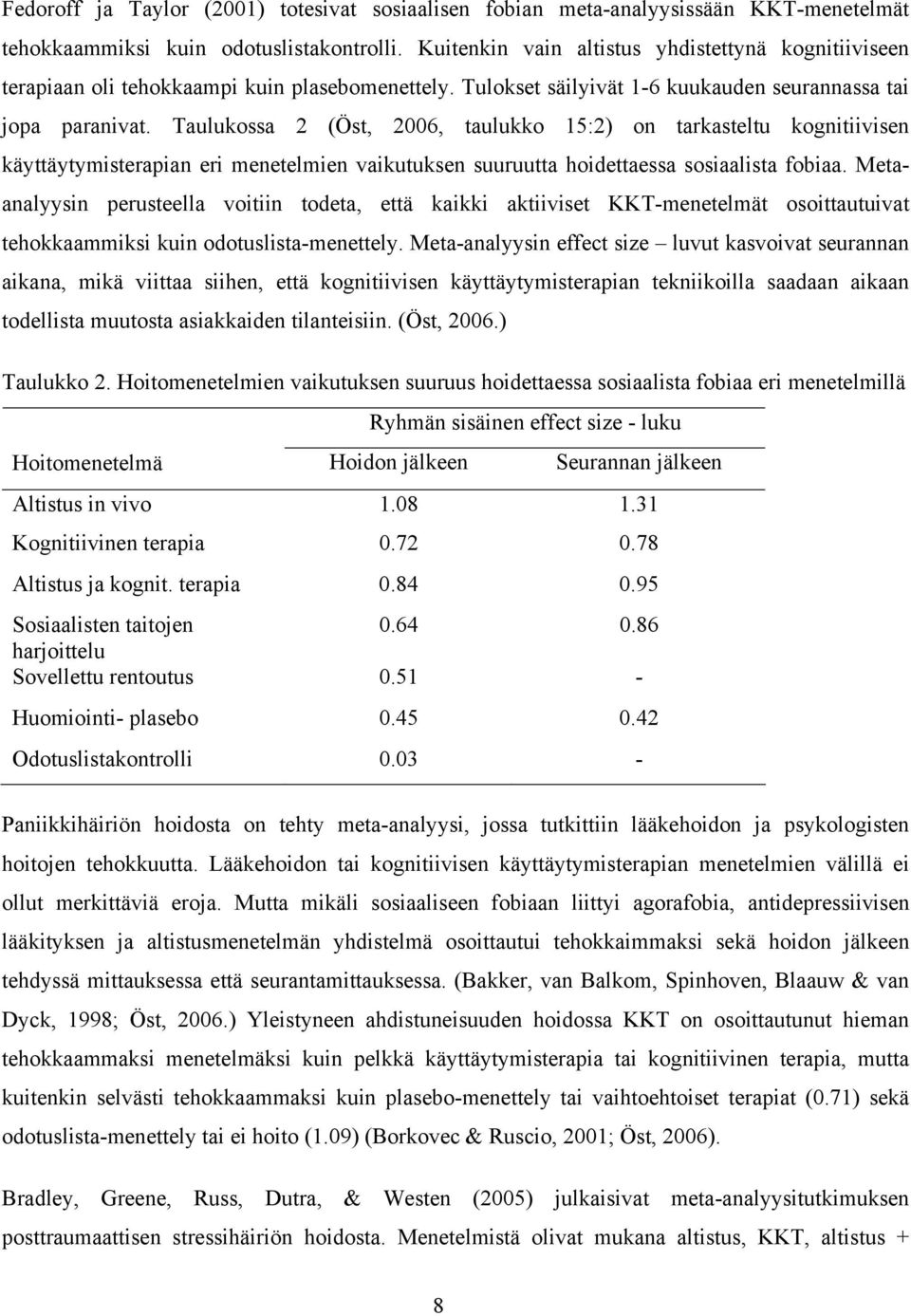 Taulukossa 2 (Öst, 2006, taulukko 15:2) on tarkasteltu kognitiivisen käyttäytymisterapian eri menetelmien vaikutuksen suuruutta hoidettaessa sosiaalista fobiaa.