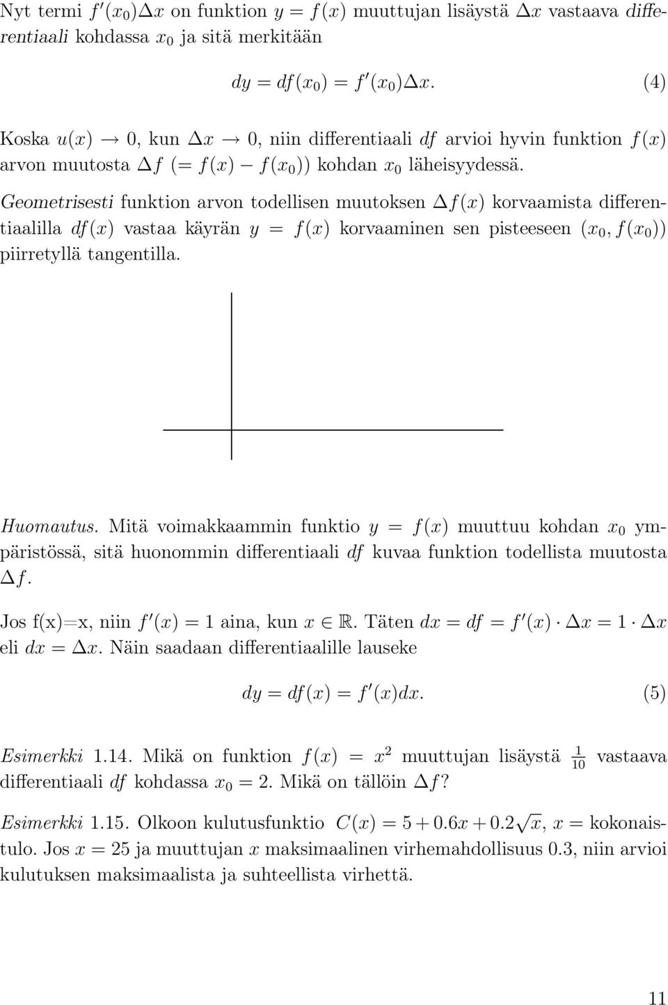 Geometrisesti funktion arvon todellisen muutoksen f(x) korvaamista differentiaalilla df(x) vastaa käyrän y = f(x) korvaaminen sen pisteeseen (x 0, f(x 0 )) piirretyllä tangentilla. Huomautus.