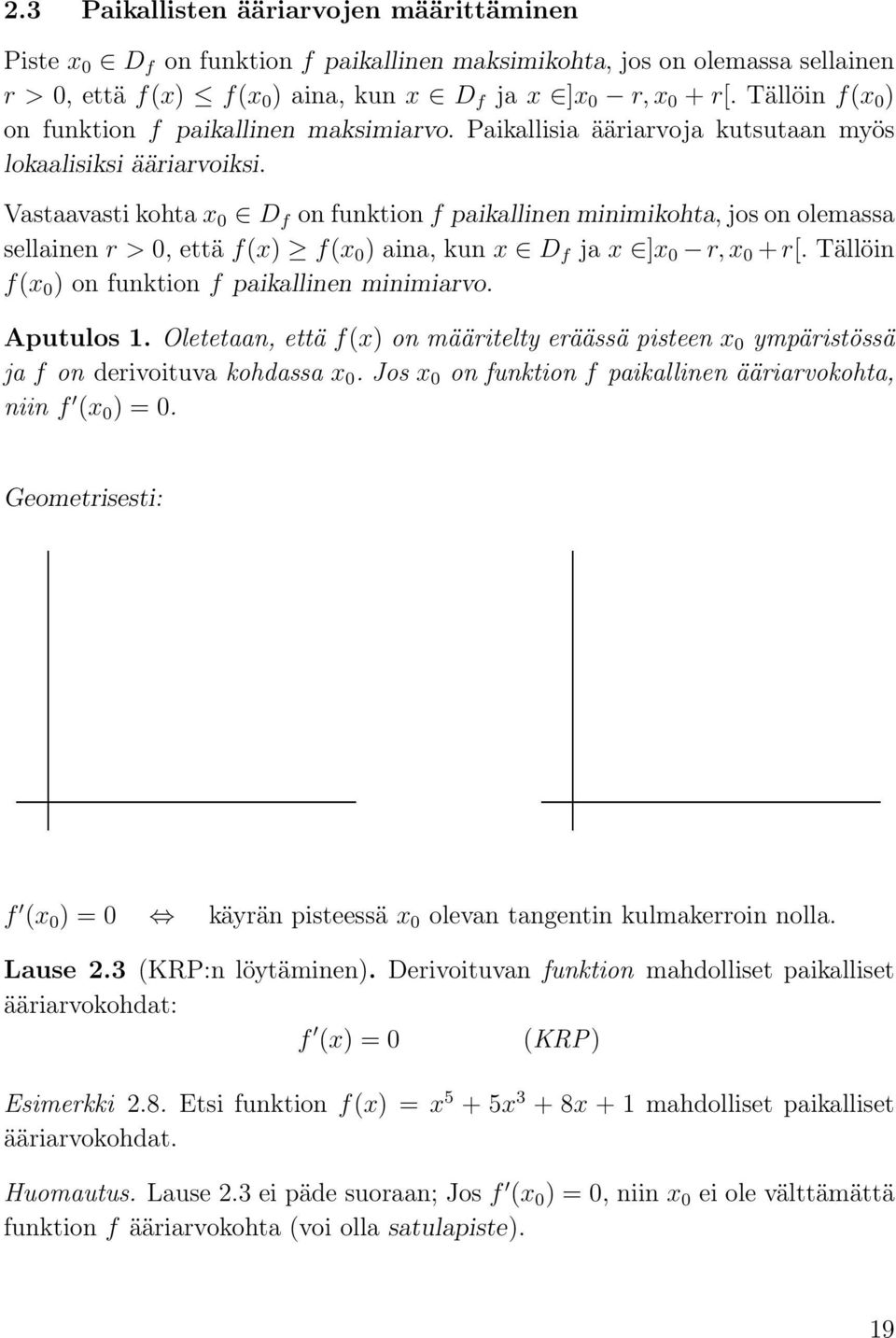 Vastaavasti kohta x 0 D f on funktion f paikallinen minimikohta, jos on olemassa sellainen r > 0, että f(x) f(x 0 ) aina, kun x D f ja x ]x 0 r, x 0 + r[.