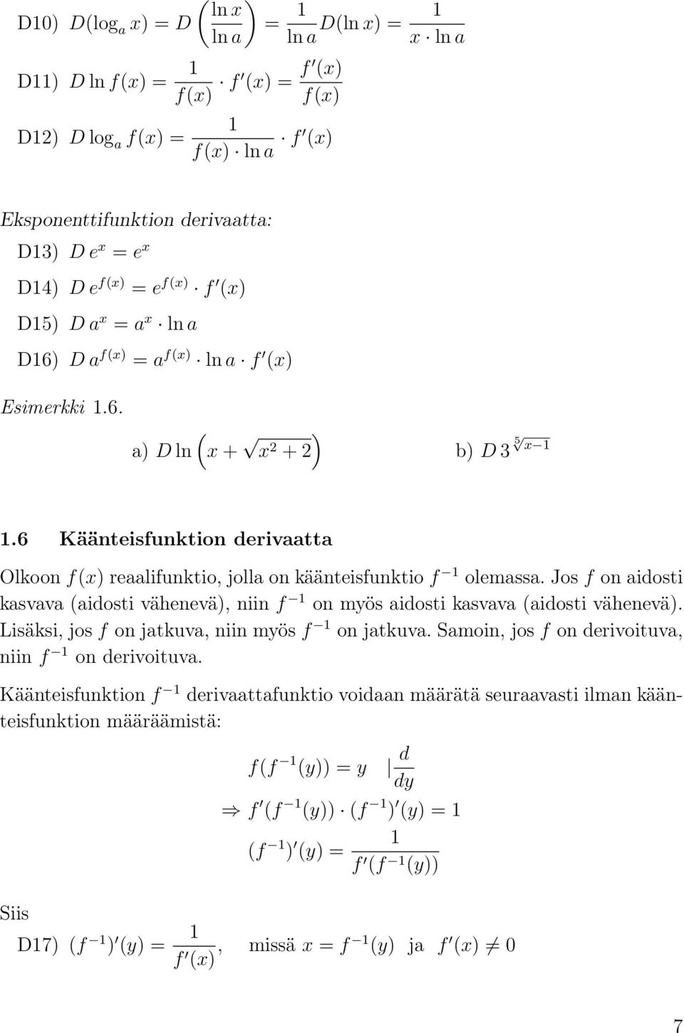 6 Käänteisfunktion derivaatta Olkoon f(x) reaalifunktio, jolla on käänteisfunktio f 1 olemassa. Jos f on aidosti kasvava (aidosti vähenevä), niin f 1 on myös aidosti kasvava (aidosti vähenevä).