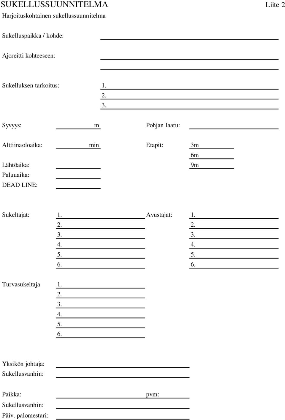 Syvyys: m Pohjan laatu: Alttiinaoloaika: min Etapit: 3m 6m Lähtöaika: 9m Paluuaika: DEAD LINE: