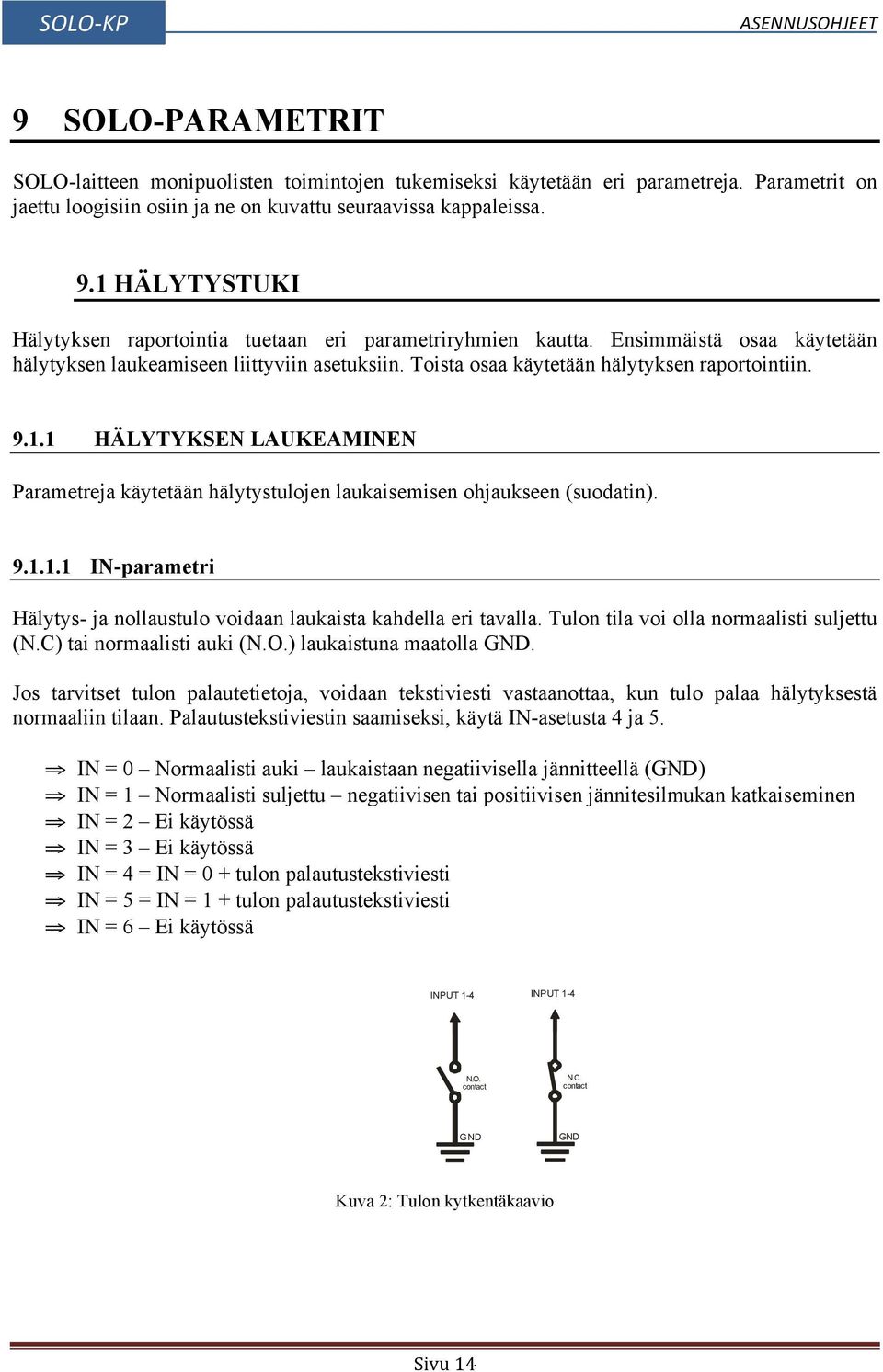 1.1 HÄLYTYKSEN LAUKEAMINEN Parametreja käytetään hälytystulojen laukaisemisen ohjaukseen (suodatin). 9.1.1.1 IN-parametri Hälytys- ja nollaustulo voidaan laukaista kahdella eri tavalla.