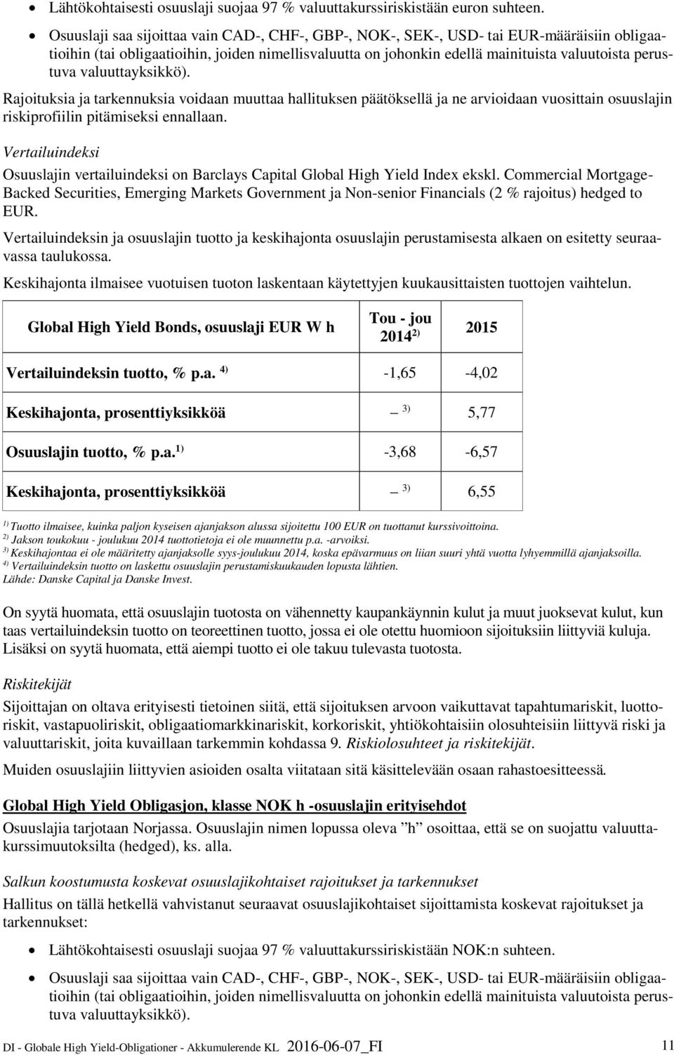 valuuttayksikkö). Rajoituksia ja tarkennuksia voidaan muuttaa hallituksen päätöksellä ja ne arvioidaan vuosittain osuuslajin riskiprofiilin pitämiseksi ennallaan.