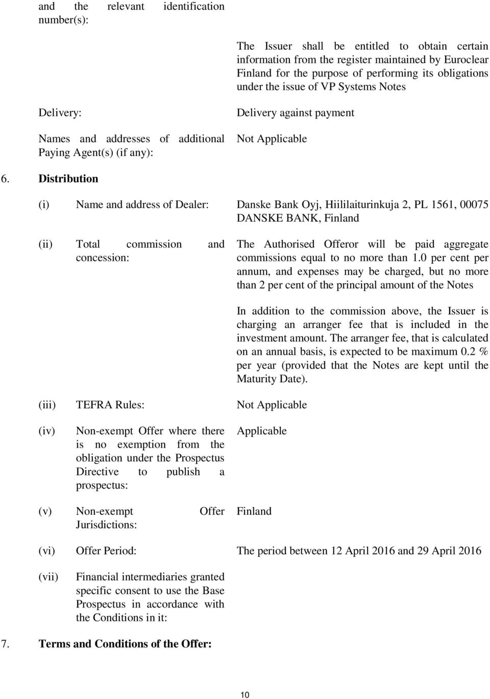 Distribution (i) Name and address of Dealer: Danske Bank Oyj, Hiililaiturinkuja 2, PL 1561, 00075 DANSKE BANK, Finland (ii) Total commission and concession: The Authorised Offeror will be paid