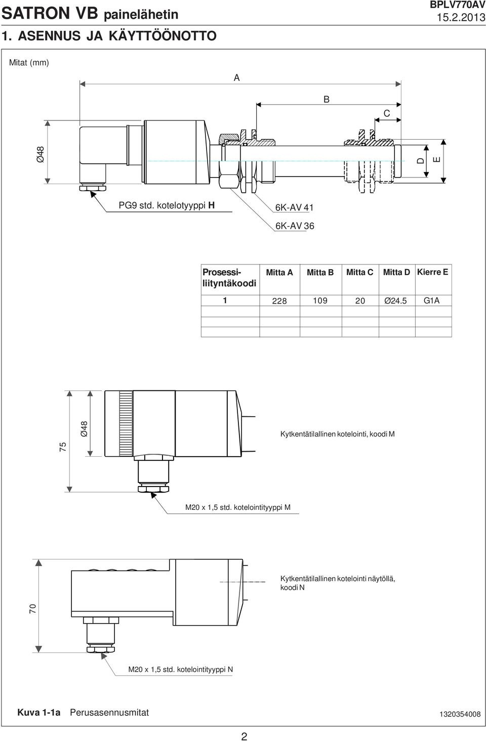 E 228 09 20 Ø24.5 GA Ø48 Kytkentätilallinen kotelointi, koodi M 75 M20 x,5 std.